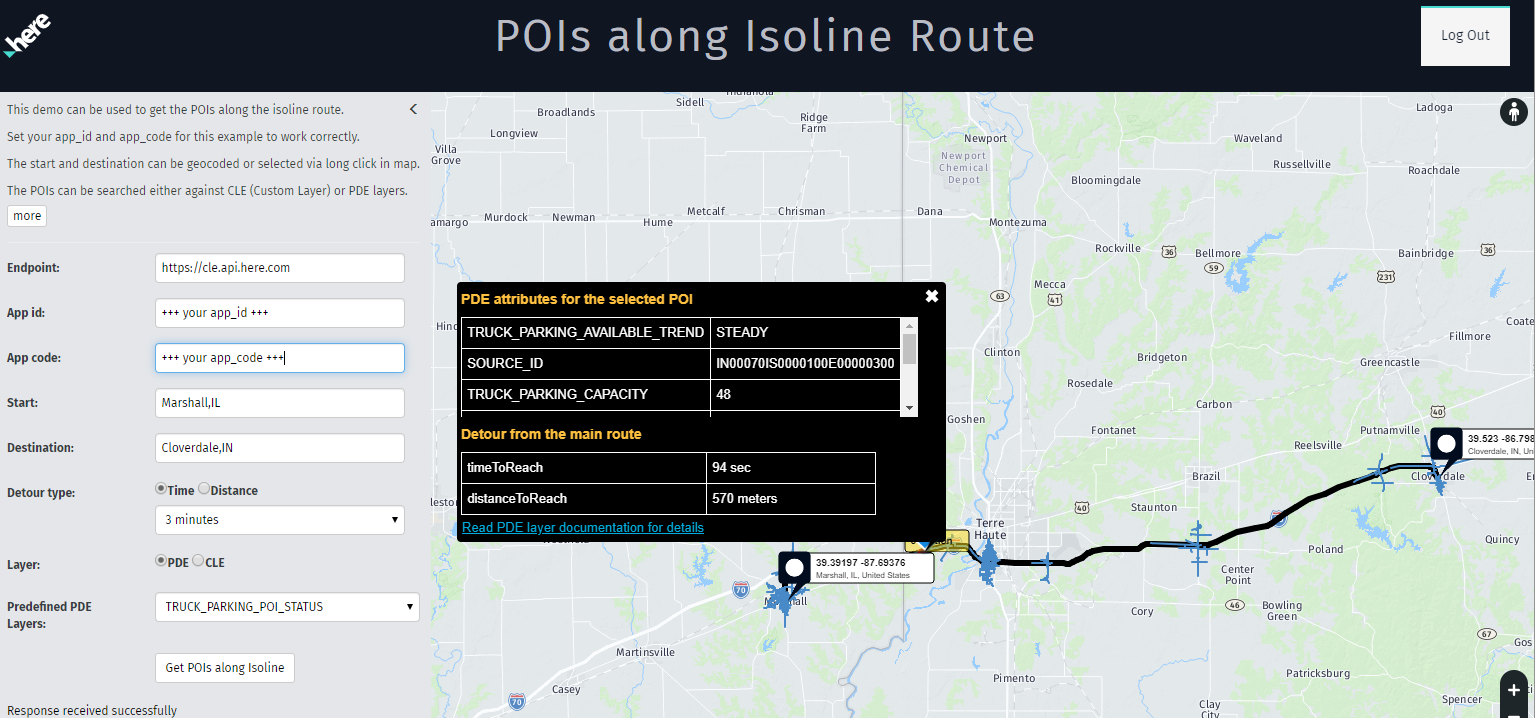 ルート沿いの 3 分以内の 等値線 (Isoline) で、リアルタイムトラック駐車施設の POI を利用できます