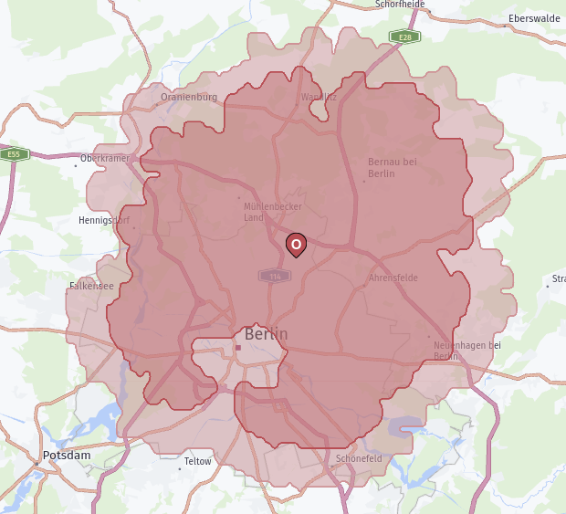 例 : ベルリン中心部から 4 km の距離を表すIsoline