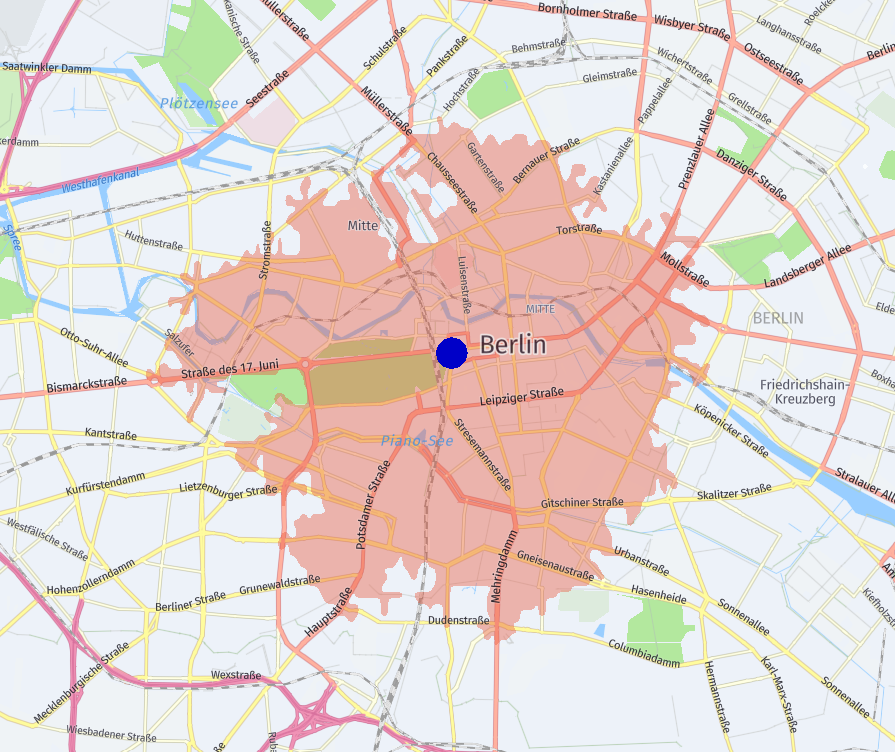 ベルリンの中心部から 4 km の距離を最短ルートで走行しているIsolineの例