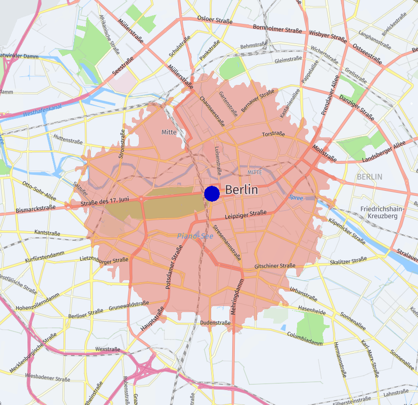 例 : ベルリン中心部から 4 km の距離を表すIsoline