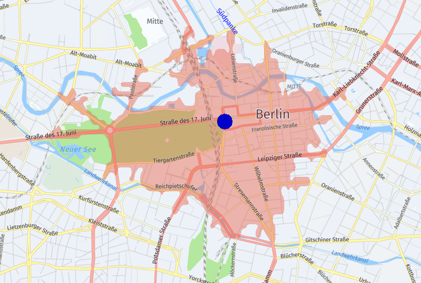 ベルリンの中心部から 5 分間の移動時間を表すIsolineの例