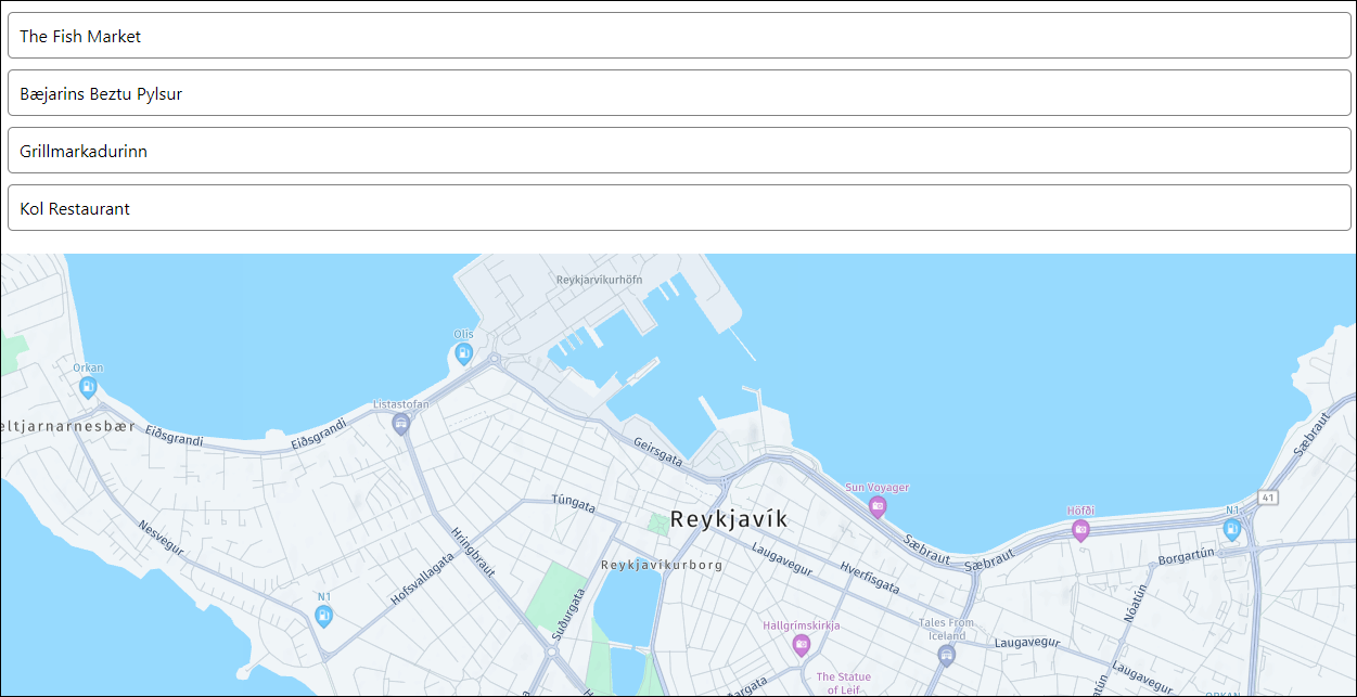 RestaurantList 、 RestaurantEntry 、および Map の各コンポーネントがブラウザウィンドウに表示されます