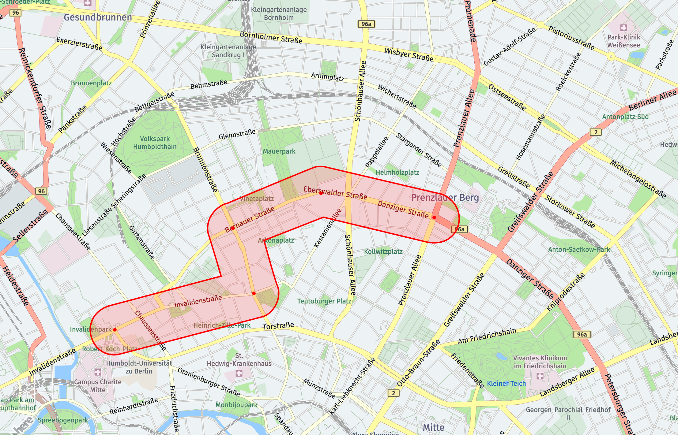ミッテ（ベルリン）の地図上に配置された廊下フィルタの表現
